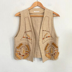 Oksijen Vintage Linen Vest Women Medium? Beige Embroidered Beaded Boho Jute Flaw
